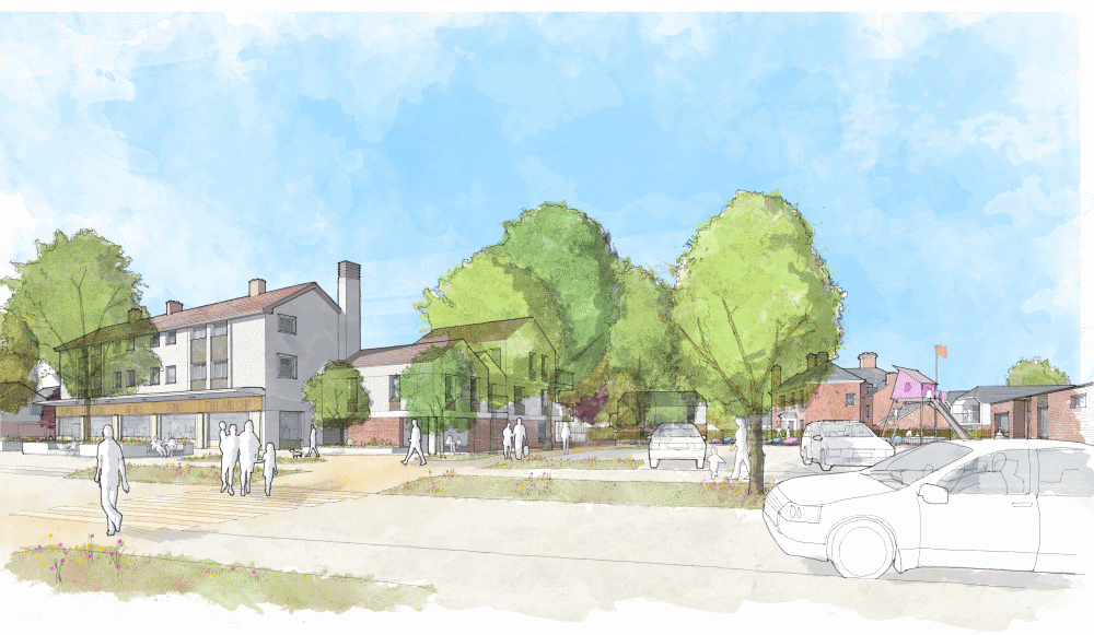 This image: Watercolour sketch of how Stocking Farm Neighbourhood Centre could look from Marwood Road.
							 Across the street, the existing shops and flats can be seen, with new trees and grass verges. The Farmhouse
							 can be seen beyond a new outdoor community space with a play area.
							 The map: The map shows a red line around Stocking Farm Neighbourhood Centre, to the north of Leicester city.